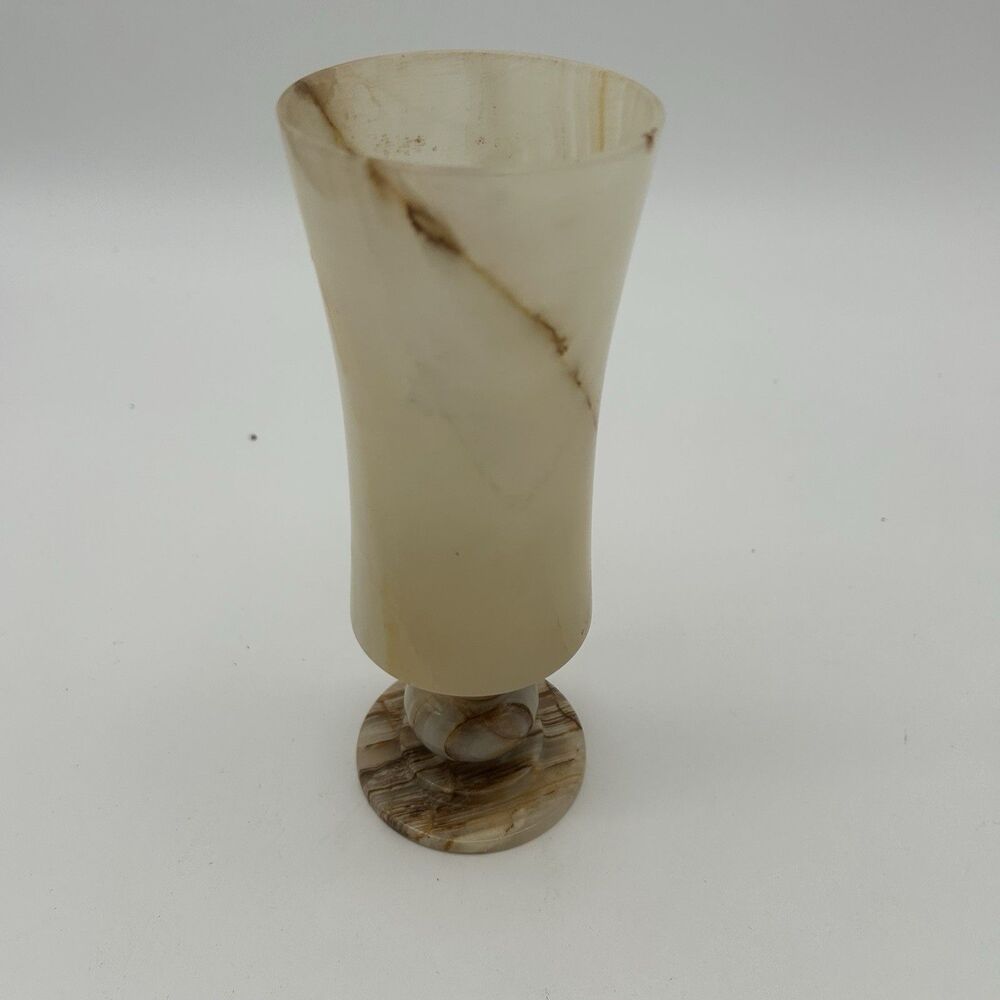 Vintage Banded Onyx Marble Stone Pedestal Vase Hand Carved Flared Rim